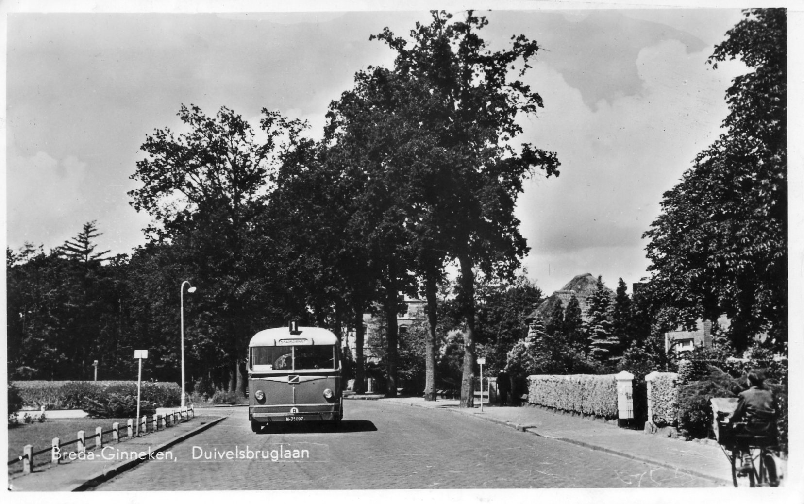 Ford-trambus van de BBA in Breda; circa 1950 (ansichtkaart)