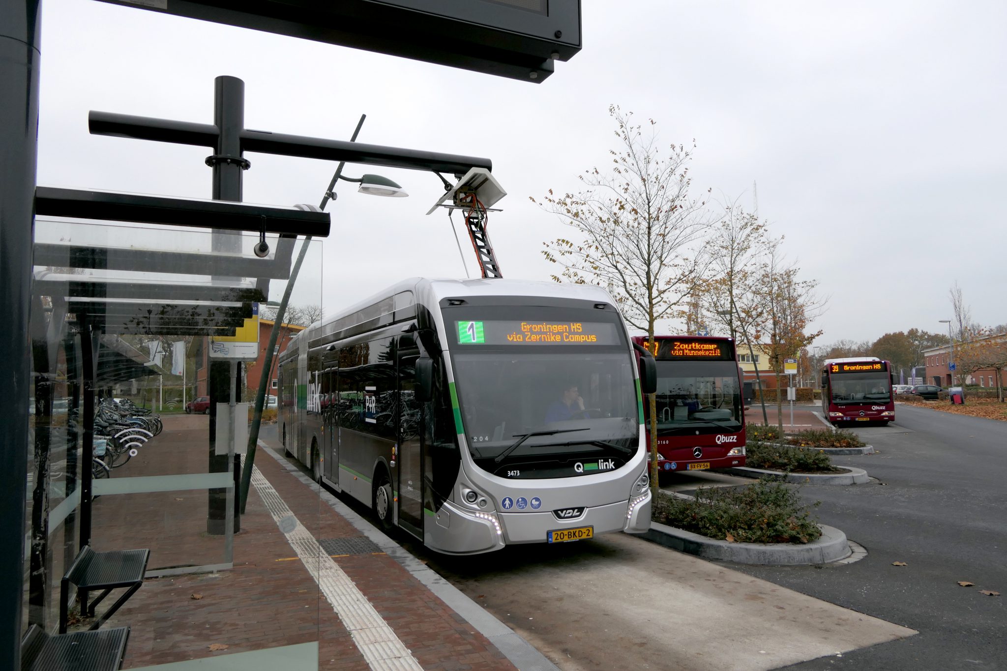 Begin- en eindpunt van elektrische lijn 1 op station Zuidhorn.